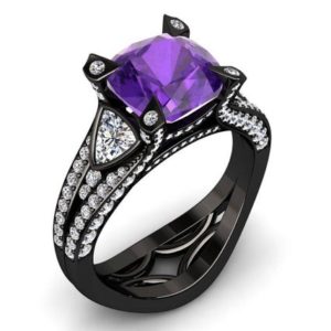 Amethyst Engagement Ring 2.00 Carat Cushion Cut Amethyst And Diamond Ring In 14k or 18k Black Gold. Style Number W31PUBK | Natural genuine Array rings, simple unique alternative gemstone engagement rings. #rings #jewelry #bridal #wedding #jewelryaccessories #engagementrings #weddingideas #affiliate #ad