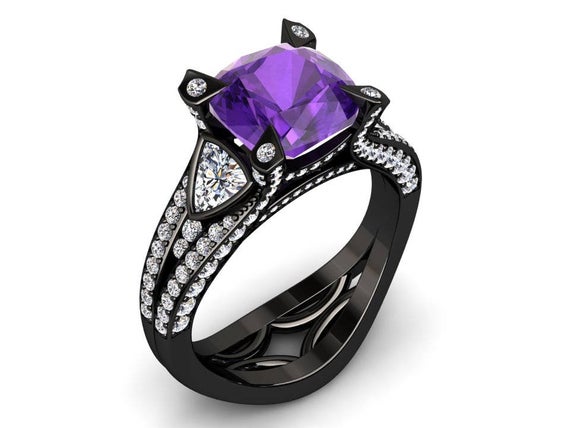 Amethyst Engagement Ring 2.00 Carat Cushion Cut Amethyst And Diamond Ring In 14k Or 18k Black Gold. Style Number W31pubk