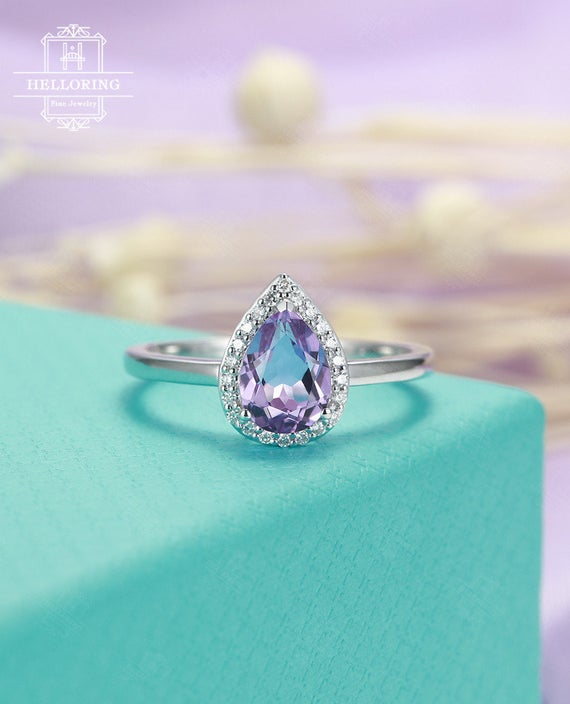Amethyst Engagement Ring Vintage Engagement Ring Women Wedding Art Deco Diamond Pear Cut White Gold Halo Set Bridal Anniversary Promise Ring