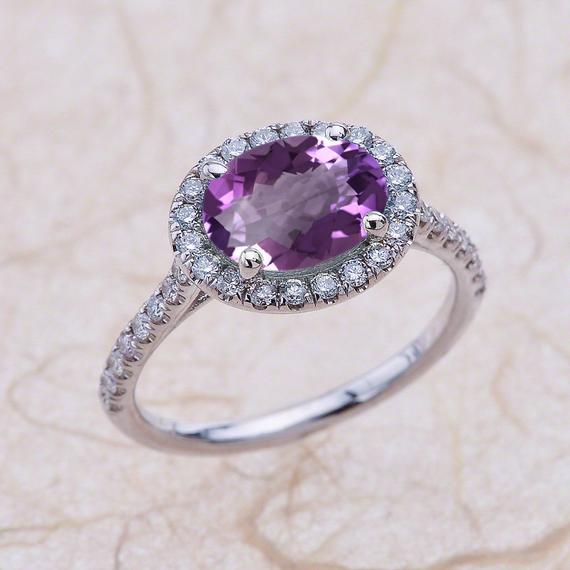 Amethyst Engagement Ring White Gold, East West Oval Amethyst Halo Engagement Ring White Gold, Amethyst Halo Engagement Ring White Gold
