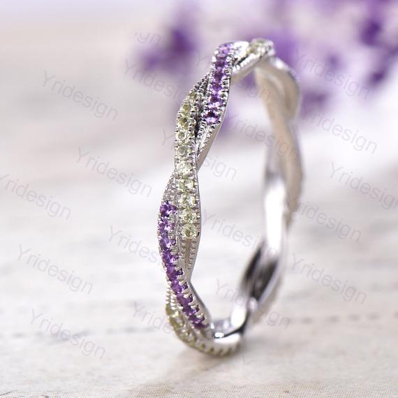 Vintage Peridot Ring 14k White Gold Unique Full Eternity Twisted Stackable Amethyst Wedding Band August Birthstone Ring Anniversary Gift