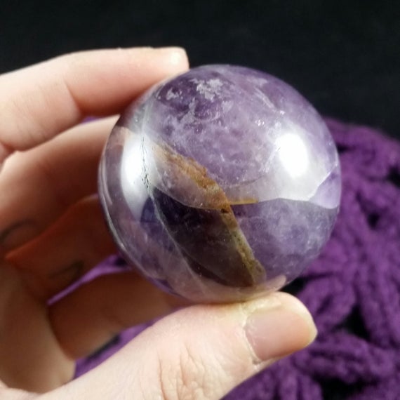 Chevron Dream Amethyst Sphere 45mm Polished Healing Stones Crystal Ball Carving Dark Purple White India Banded Quartz