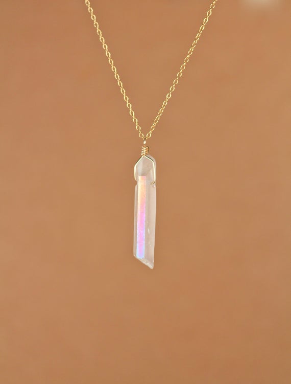 Raw Crystal Necklace - Aura Crystal Necklace - Angel Aura Quartz - A Raw Quartz Wand Wire Wrapped Onto A 14k Gold Vermeil Chain