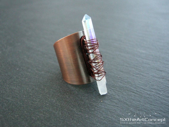 Angel Aura Quartz Point Ring, Antique Copper Ring, Boho Chic Statement Ring, Crystal Point Jewelry