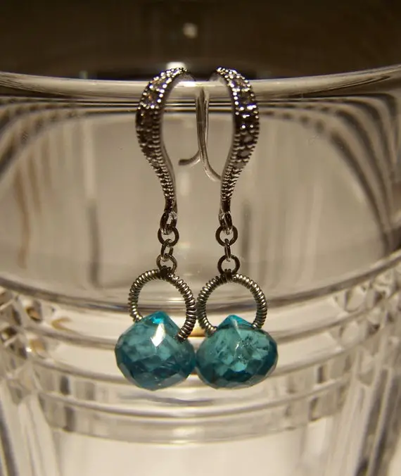 Faceted Neon Apatite  Onion Briolette, Sterling Silver Coil Wrap, Inset Crystal Hook Style Earwire, Earrings