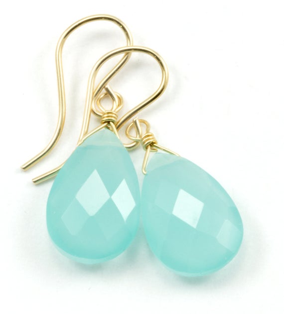 Aqua Blue Chalcedony Earrings 14k Solid Gold Or Filled Or Sterling Silver Teardrop Pear Faceted Soft Pale Blue Natural Dainty Everyday Drops