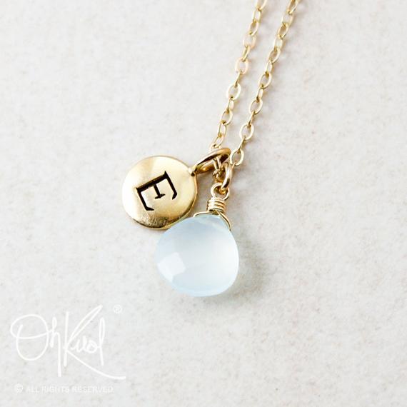 Aqua Blue Chalcedony Necklace, Hand Stamped Initial, June Birthdays