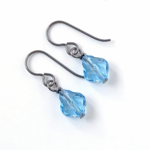Aquamarine Baroque Crystal Titanium Earrings, Light Blue Hypoallergenic Nickel Free Niobium Earrings For Sensitive Ears