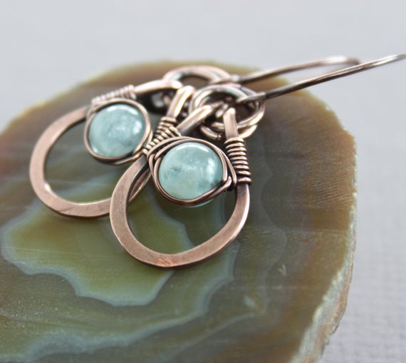 Aquamarine Dangle Earrings - Copper Earrings - Metal Earrings - Blue Earrings - Gift For Her - Gemstone Earrings - Er017