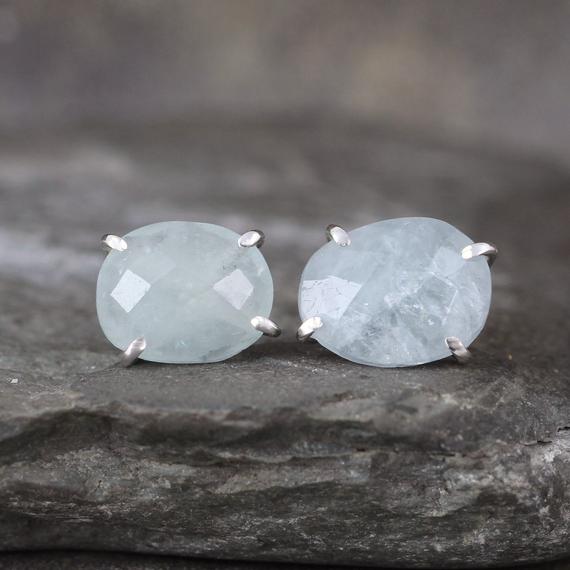Aquamarine Earrings - Sterling Silver - Rose Cut Blue Gemstone Earrings - March Birthstone Earring - Jewellery Made In Canada - Stud Earings