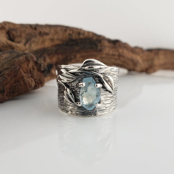 Wide Band Aquamarine Gemstone Leaf And Twig Ring In Sterling Silver Or Gold - Handmade By Dawn, Dv Jewelry Designs