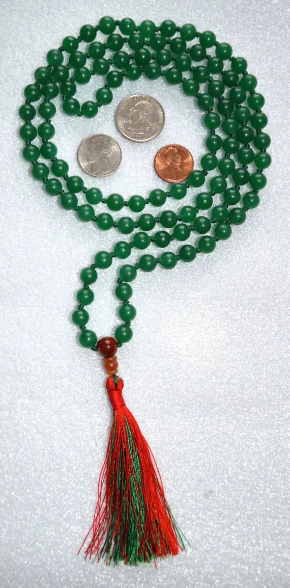 108 Green Mala Beads, Knotted Mala Tassel Necklace, Yoga Jewelry - Green Aventurine - Reinforces Decisiveness, Positive Attitude,leadership