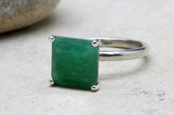 Green Aventurine Gemstone Ring · 925 Sterling Ring · White Palladium Ring · Stackable Gem Ring · Square Princess Cut Ring