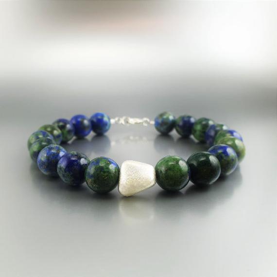 Statement Bracelet Azurite Malachite With Silver Nugget Unique Gift For Her Or Him -deep Blue And Green Natural Combination Gemstone