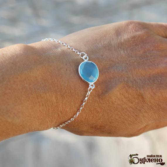 Beaded Bracelet With Chalcedony Stone, Blue Stone Bracelet With Sterling Silver Chain, Bracelet With Blue Semiprecious Stones, Blue Gemstone