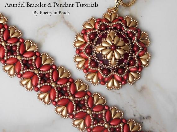 2 Beading Tutorials, Arundel Bracelet And Pendant Tutorials, Lunasoft Cabochon, Irisduo, Dropduo, Firepolish, Beadweaving