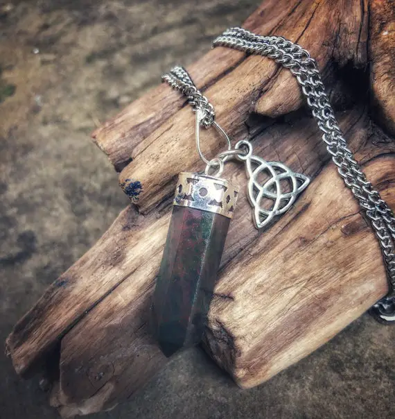 Bloodstone Necklace, Pagan Witchcraft Jewelry, Bloodstone Point Protection Necklace With Charm For Men And Women, Triquetra Charm Necklace