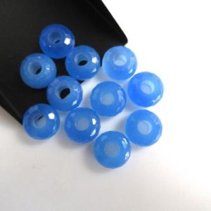 Shop Blue Chalcedony Beads! 2 Pieces Natural Blue Chalcedony Large Hole Gemstone beads, Huge 14mm Blue Faceted Rondelle Beads With 5mm Hole/Drill Size, GDS1044/1 | Natural genuine faceted Blue Chalcedony beads for beading and jewelry making.  #jewelry #beads #beadedjewelry #diyjewelry #jewelrymaking #beadstore #beading #affiliate #ad