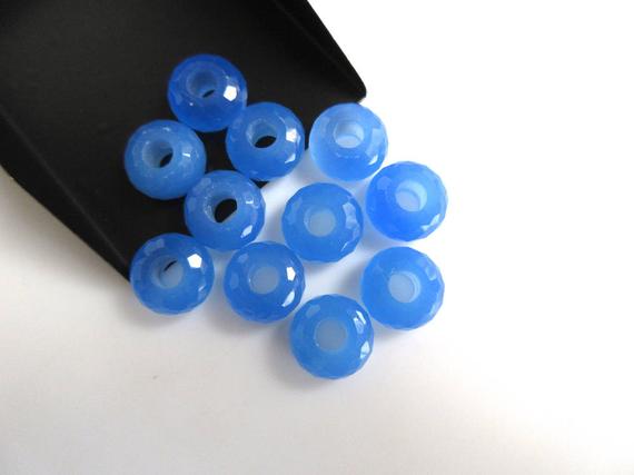 2 Pieces Natural Blue Chalcedony Large Hole Gemstone Beads, Huge 14mm Blue Faceted Rondelle Beads With 5mm Hole/drill Size, Gds1044/1