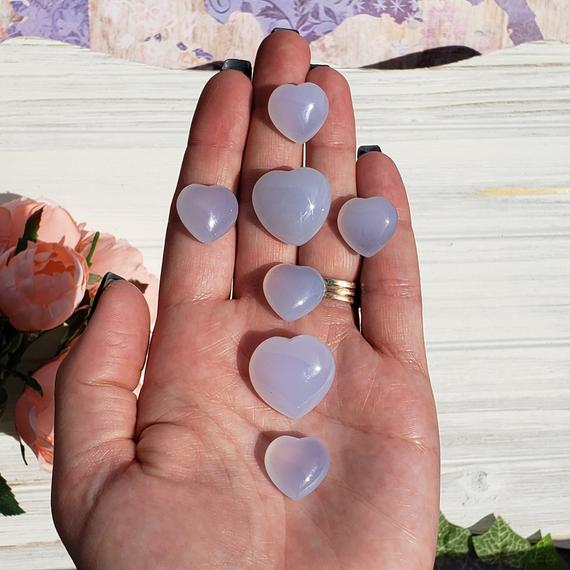 Blue Chalcedony Crystal Hearts, Mini Undrilled Gemstone Hearts In Bulk For Jewelry Making Or Crystal Grids