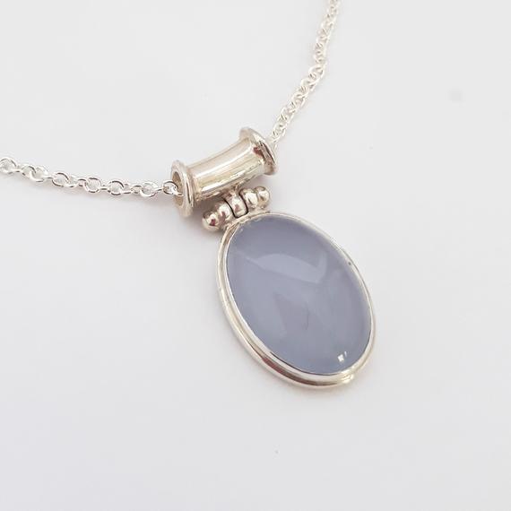 Blue Chalcedony Pendant Necklace, Handmade From Bali