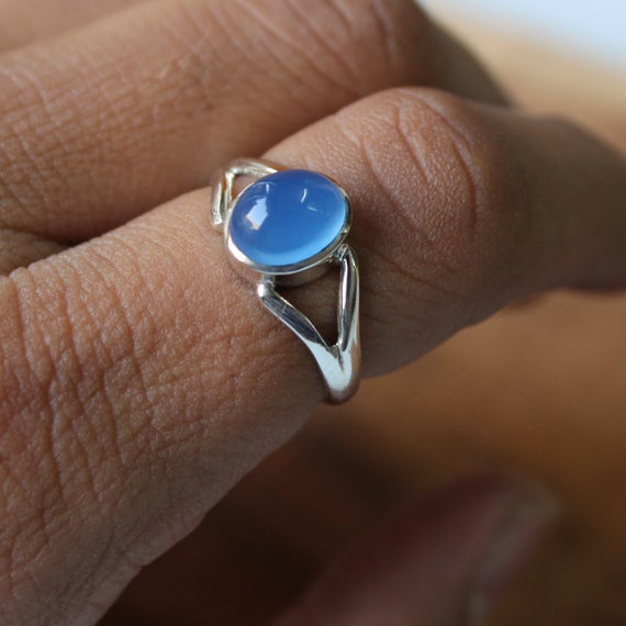 Blue Chalcedony Ring, Dainty Sterling Silver Ring