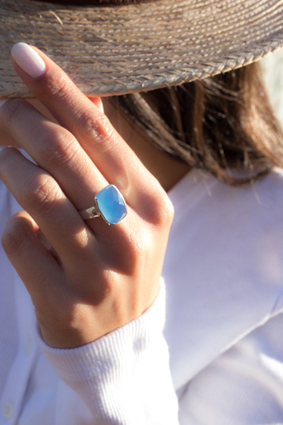 Blue Chalcedony Ring ~ Statement ~ Handmade ~ Gemstone ~ Faceted ~hippie ~ Gypsy ~ Gift For Her~ Mermaid Jewelry ~ Ocean ~ Mr177