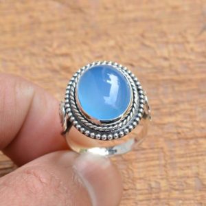 Blue Chalcedony Ring, Sterling Silver Ring, Blue Chalcedony 12x16mm Oval Gemstone Ring, Silver Ring, Boho Ring, Womens Ring, Valentine Gift | Natural genuine Gemstone rings, simple unique handcrafted gemstone rings. #rings #jewelry #shopping #gift #handmade #fashion #style #affiliate #ad