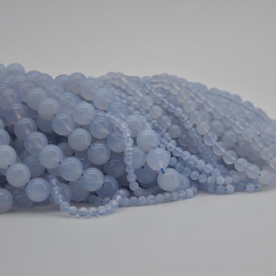 High Quality Grade A Natural Blue Chalcedony Semi-precious Gemstone Round Beads - 4mm, 6mm, 8mm, 10mm Sizes - 15" Strand