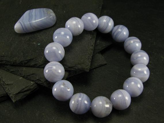 Blue Lace Agate Genuine Bracelet ~ 7.5 Inches  ~ 14mm Round Beads
