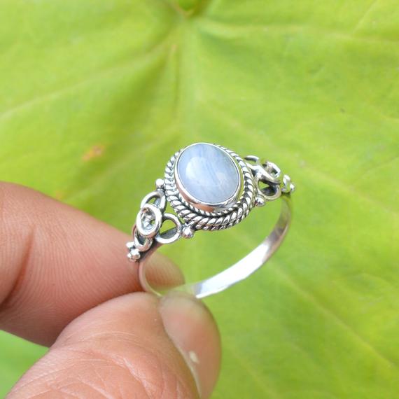 Blue Lace Agate Ring | Lace Agate Ring | Blue Lace Agate Engagement Ring | 7x9 Mm Oval Blue Lace Agate Ring | 925 Sterling Silver Ring