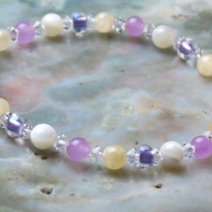 Shop Calcite Bracelets! Cancer Zodiac Girl's Power Healing Stone Bracelet or Anklet with Purple Chalcedony, Yellow Calcite and Mother of Pearl! | Natural genuine Calcite bracelets. Buy crystal jewelry, handmade handcrafted artisan jewelry for women.  Unique handmade gift ideas. #jewelry #beadedbracelets #beadedjewelry #gift #shopping #handmadejewelry #fashion #style #product #bracelets #affiliate #ad