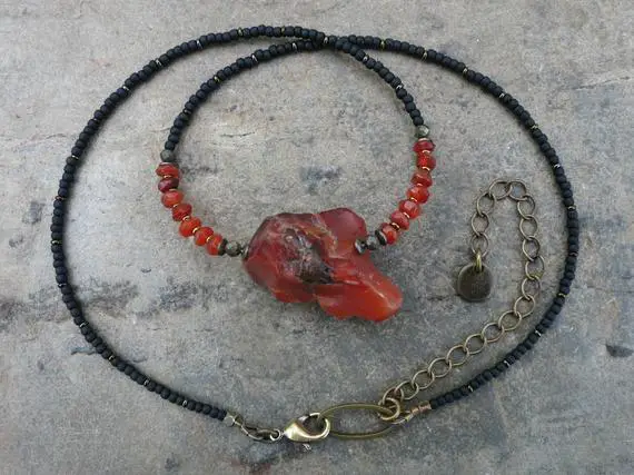 Red Carnelian Nugget Necklace, Rough Orange Carnelian Stone Pendant Necklace With Black Bead Chain