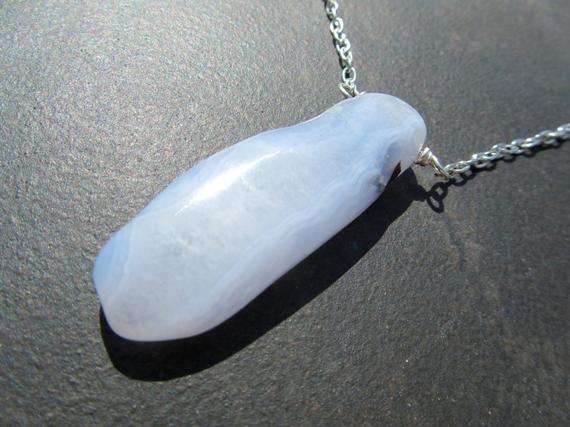Chalcedony Necklace, Blue Chalcedony Pendant, Slice Pendant, Natural Stone, Silver Chain, Pendant Necklace, Gift Under 50  760