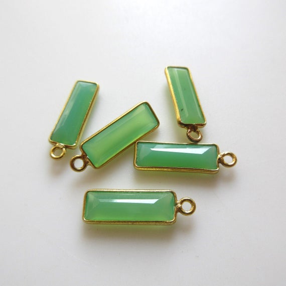 6 Pieces Natural Chrysoprase Chalcedony Faceted Rectangle Bezel Connectors, 16x6mm Sterling Silver Single Loop Gemstone Charms, Gds1619