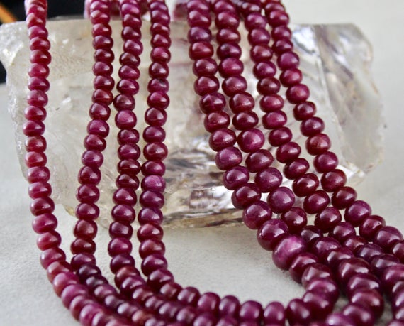 Classic 4 Line Natural Untreated Ruby Rondelle Beads Necklace With Silk Cord