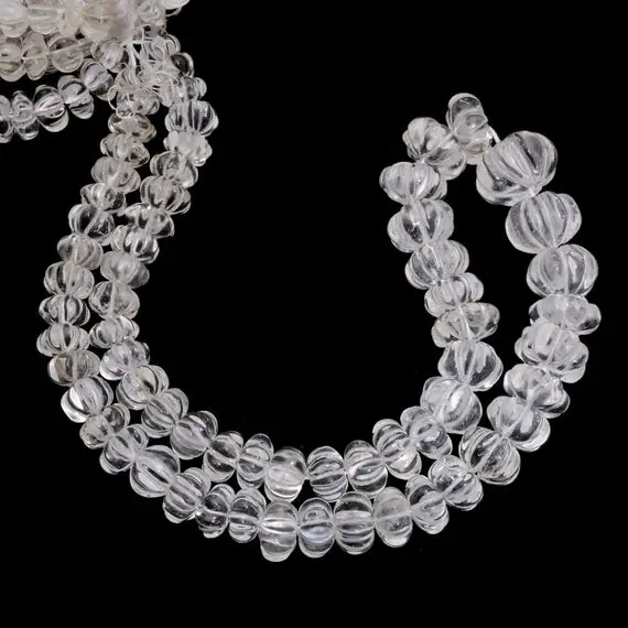 Clear Crystal Quartz Carving 8mm-15mm Gemstone Rondelle Far Size Beads | 17" Strand - 335carats | Semi Precious Gemstone Melon Carving Beads