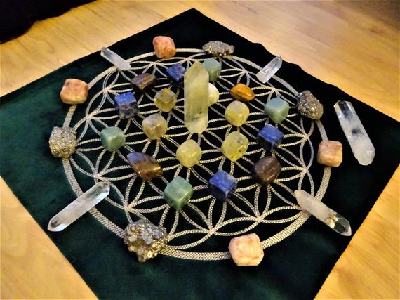 Crystal Grid Kit Set Green Velvet Cloth For Abundance Prosperity Healing Reiki Energy Charged Sacred Geometry Embroidered Flower Of Life