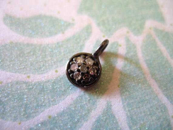 Diamond Disc Charm Pendant, Oxidized 925 Sterling Silver, Pave Pendant, 10x6 Mm, 0.07 Ctw, Vintage Antique April Birthstone