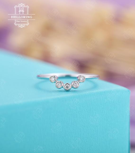 Curved Wedding Band Vintage Wedding Band Diamond Antique Chevron Bridal Unique Stacking Matching Five Stones Anniversary Promise Ring