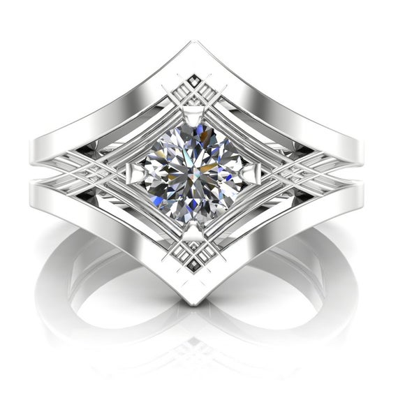 Engagement Ring, Round Half-carat Diamond Unisex Art Deco Design