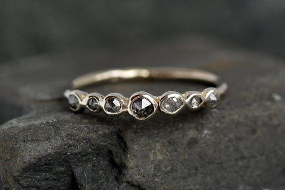 Black Diamond Bubble Ring. Black Grey Rustic Organic Unique Rose Cut Round Salt And Pepper Galaxy Diamond Engagement Wedding Band Ring