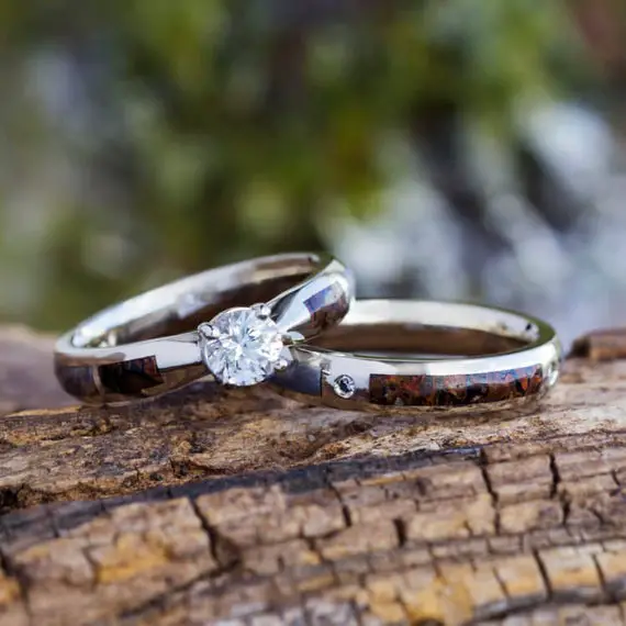 Dinosaur Bone Bridal Set With White Sapphire Engagement Ring And Coordinating Wedding Band