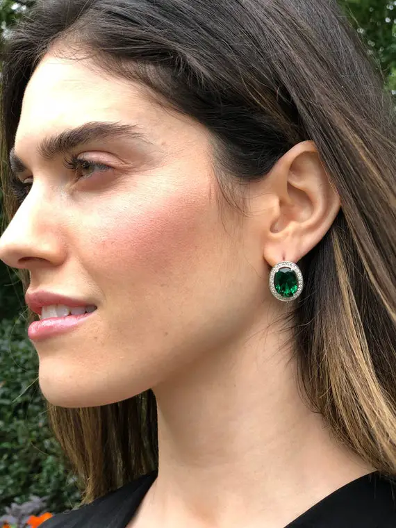 Emerald Earrings, Antique Earrings, Vintage Earrings, Created Emerald, Diana Earrings, Princess Diana, Antique Emerald, Silver Earrings
