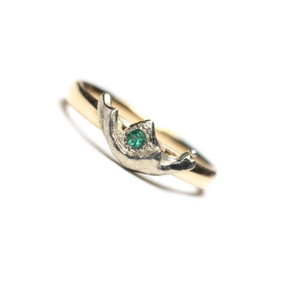 Green Emerald Wedding Band 14k Yellow And White Gold Crown Romantic Feminine Delicate Bridal Tiara Wedding Ring For Her - Natural Princess