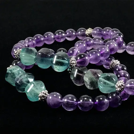 Amethyst And Rainbow Fluorite Bracelet/ Purple/ Green/ Gemstone/ Bracelet/ Rainbow/ Nature Art/ Jewelry