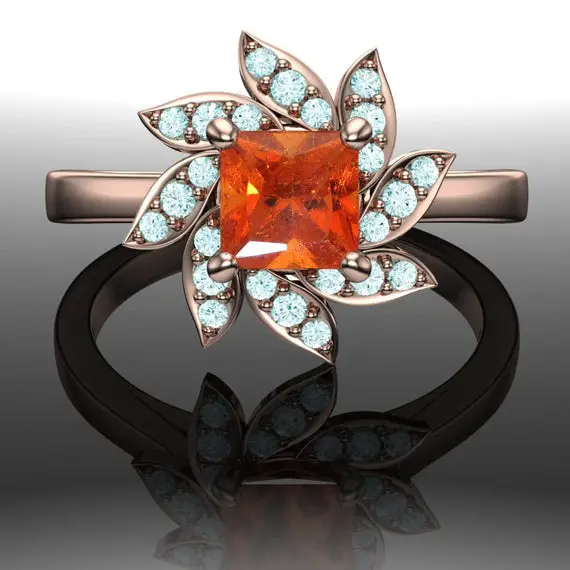 Floral Cluster Ring With Orange Spessartite Garnet And Blue Diamonds | Princess Cut Rose Gold Band