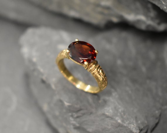 Gold Garnet Ring, Garnet Ring, Natural Garnet, January Birthstone, Tribal Ring, Gold Vintage Ring, Gold Horizontal Ring, Red Diamond Ring