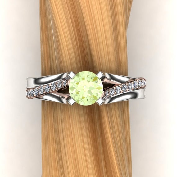 Green Garnet Ring With Diamond Accents | 14k White Gold And 14k Rose Gold Mixed Metals | Mint Grossular Garnet