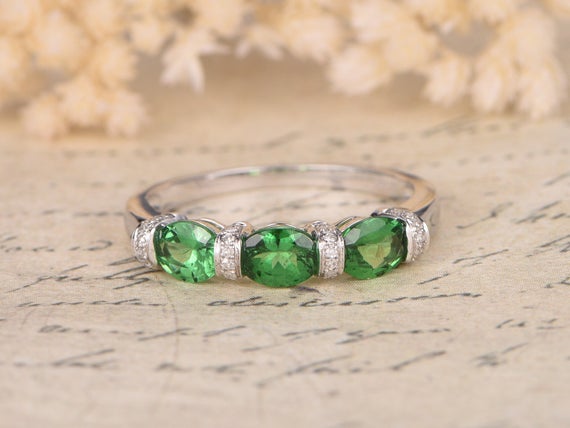 Triple Tsavorite Garnet Ring Linked Stones Rings Three Gemstones Ring Green Garnet Diamond Ring Garnet Jewelry Triple Stone Rings
